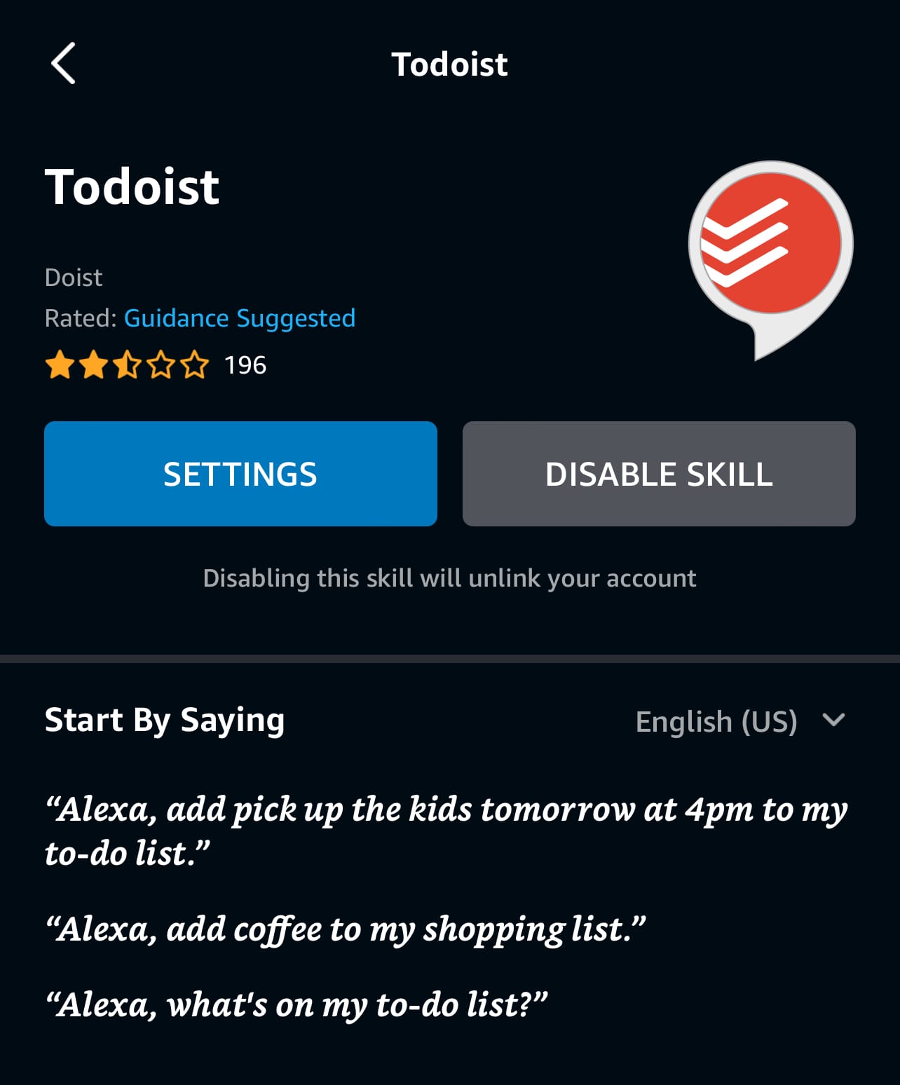 screenshot of the Todoist skill in the Alexa app