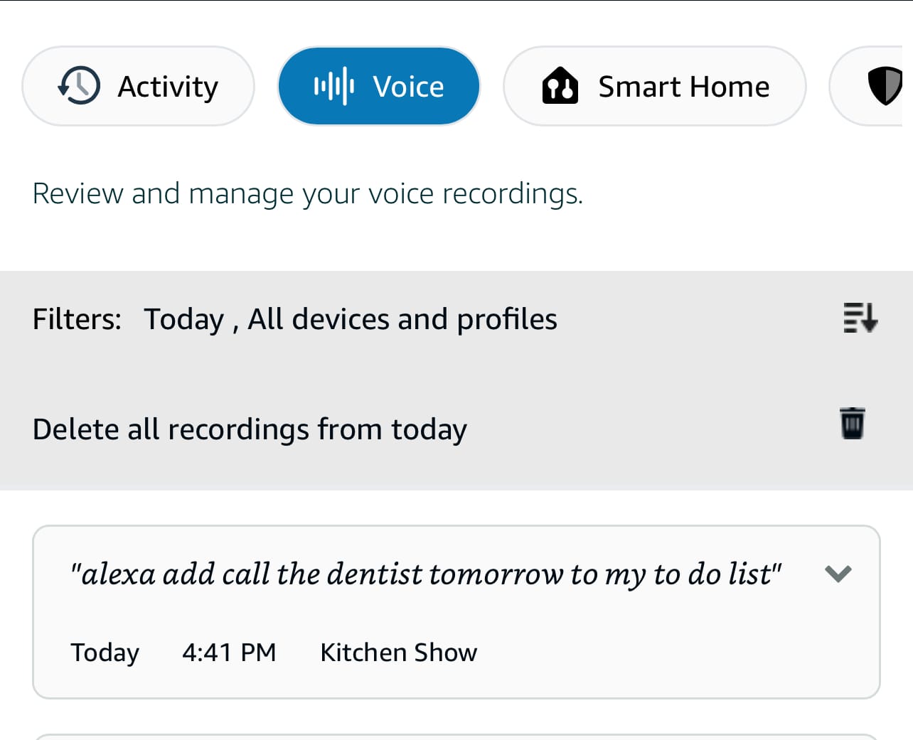 A screeshot of voice activity in the Alexa app