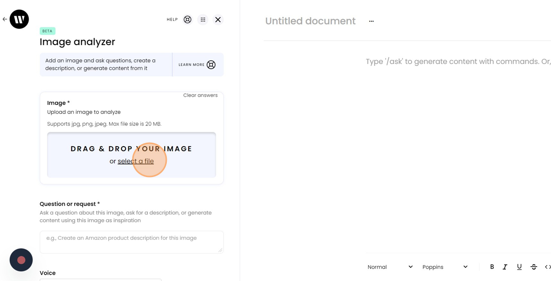 Upload an image in Writer's Image Analyzer