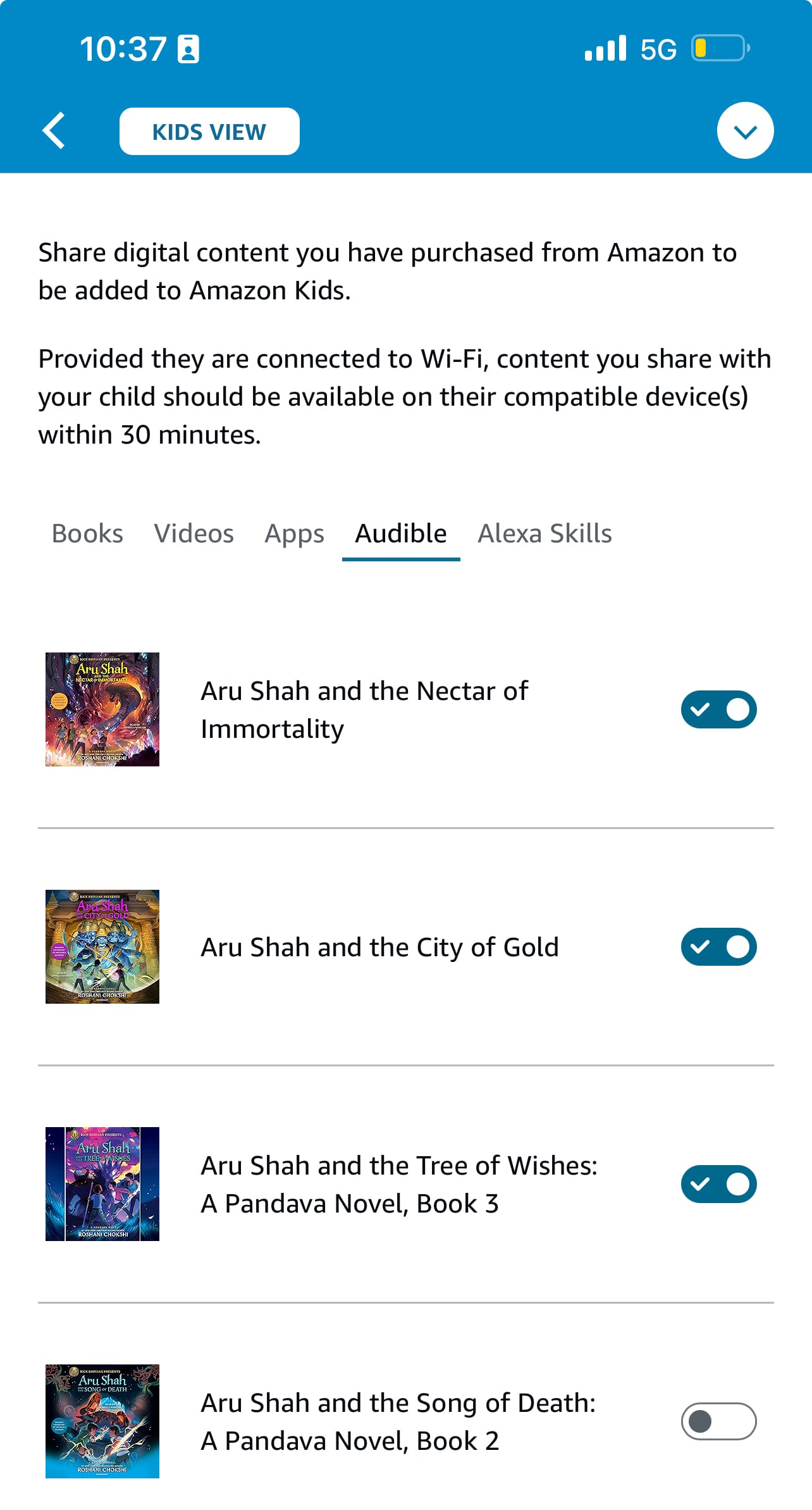 Screen Shot of Audible books in the Amazon Kids app