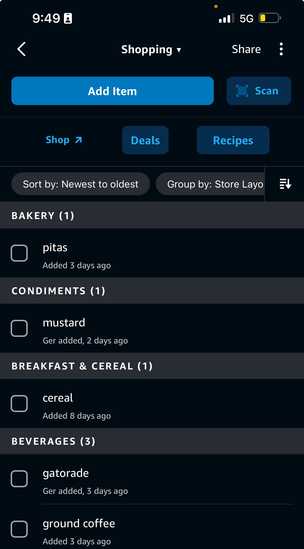 screenshot of the shopping list in the Alexa app