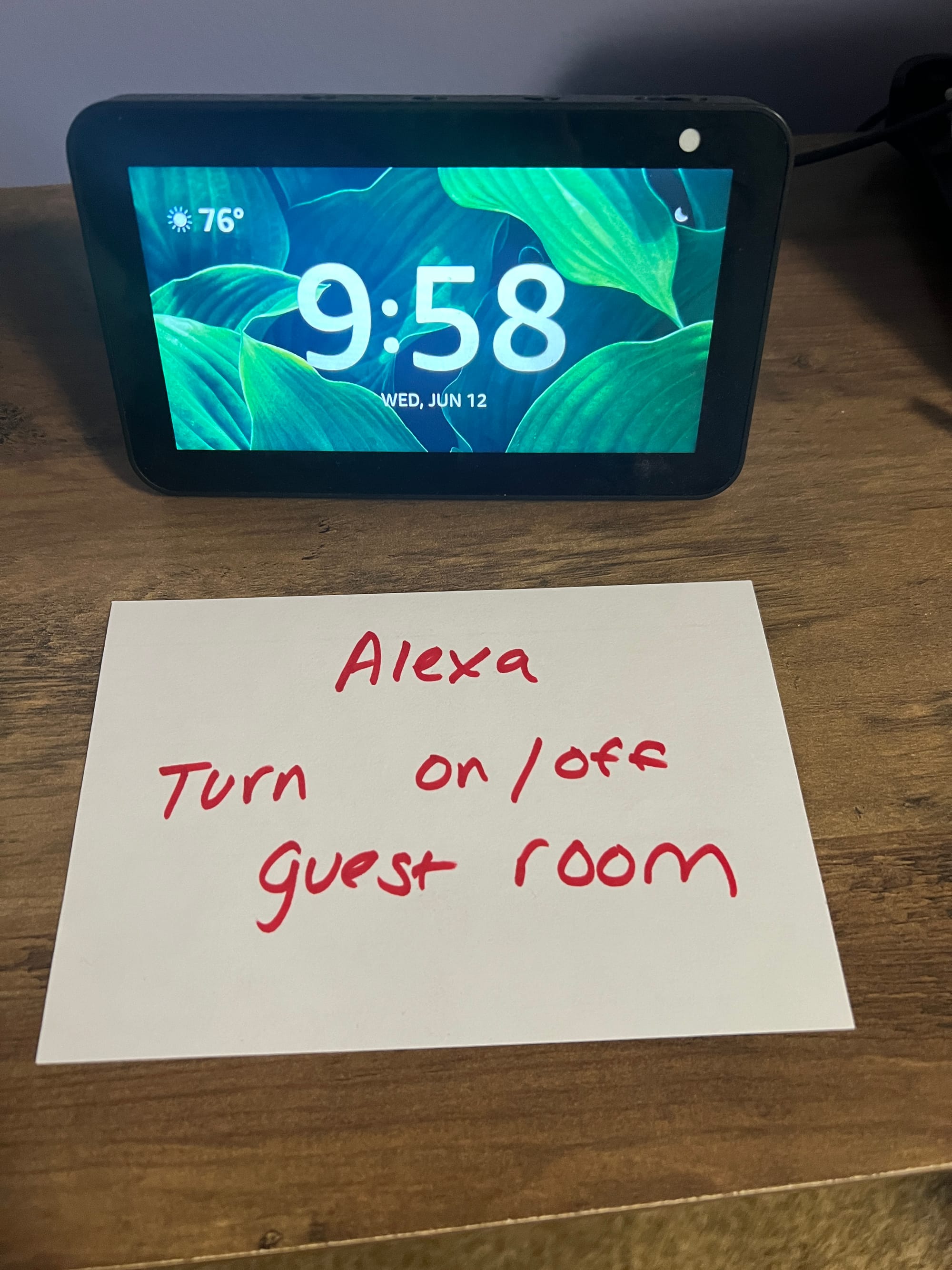 Photo of an index card with the words 'Alexa turn on/off guest room'