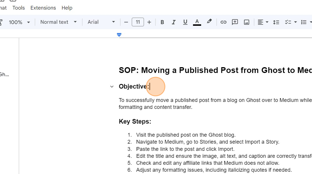 A screenshot of the SOP in Google Drive