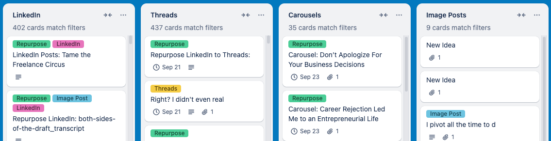 screenshot of four Trello lists