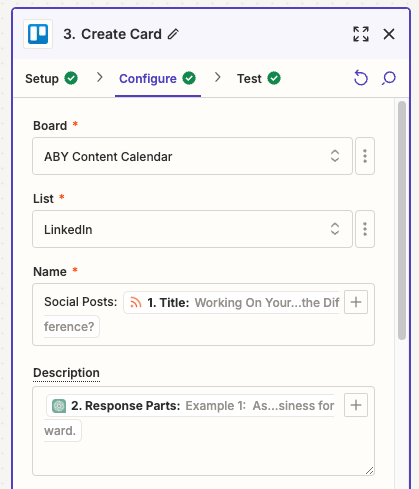 A screenshot of the Trello card setup in Zapier