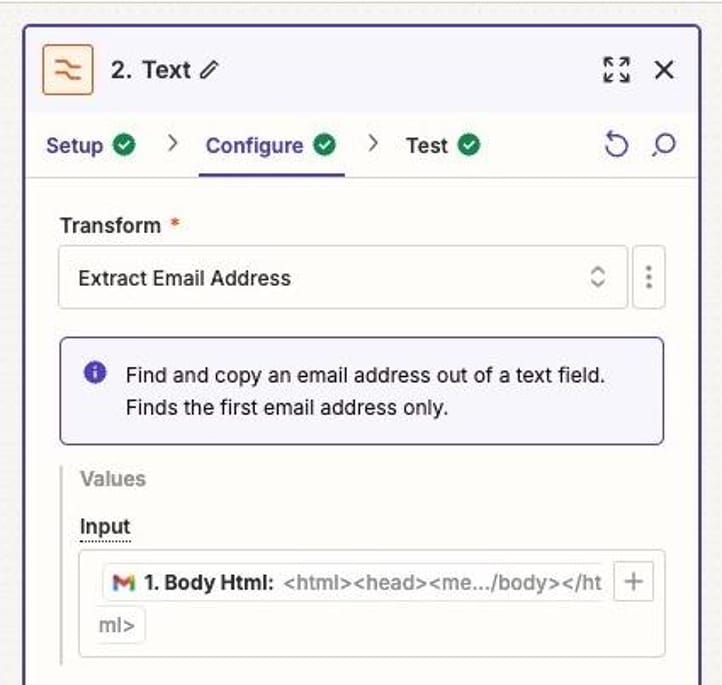 Screenshot in Zapier to transfrom the email Body