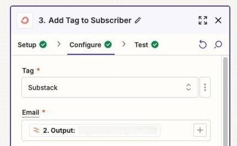 Screenshot in Zapier to add Tag to Subscriber
