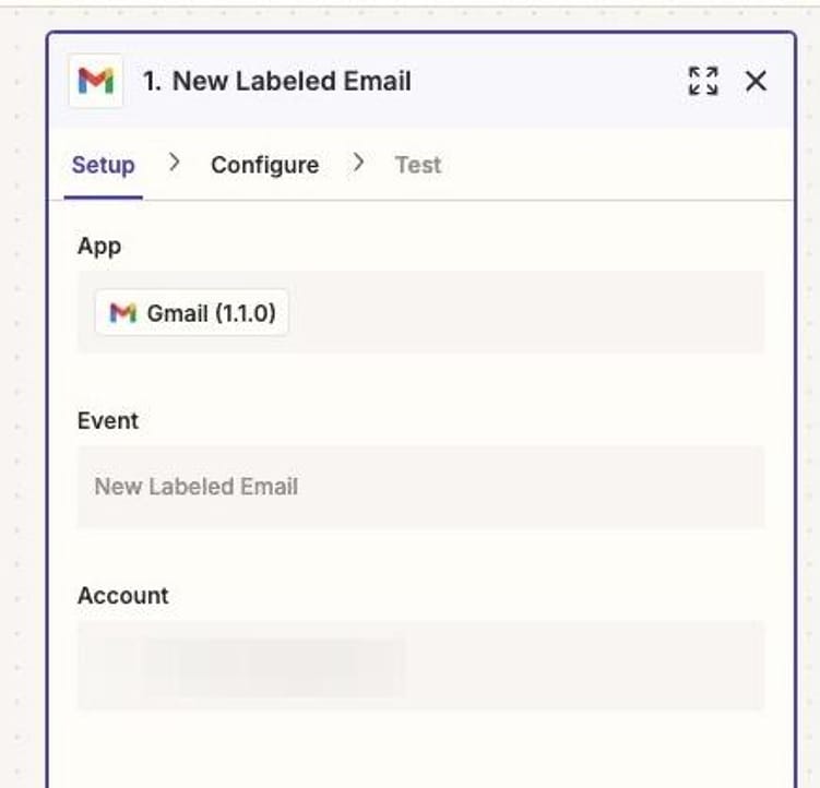 Screenshot of first step in Zapier to use a New Labeled Email