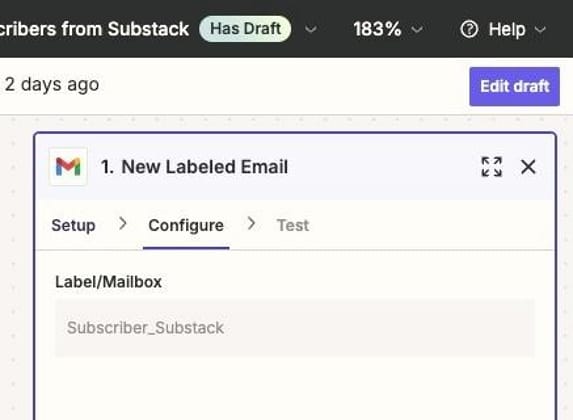 Screenshot in Zapier to use a Substack Label from the filter