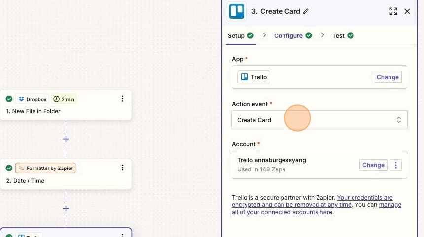 Screenshot of Zapier Trello Setup: Create Card