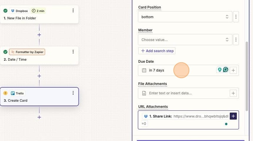 Screenshot of Zapier Trello Configuration: Adding a due date and URL