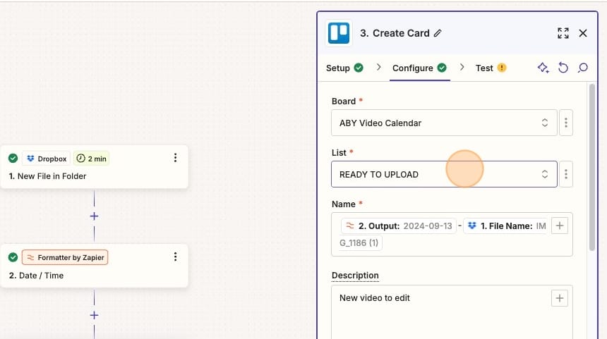 Screenshot of Zapier Trello Configuration: Create Card