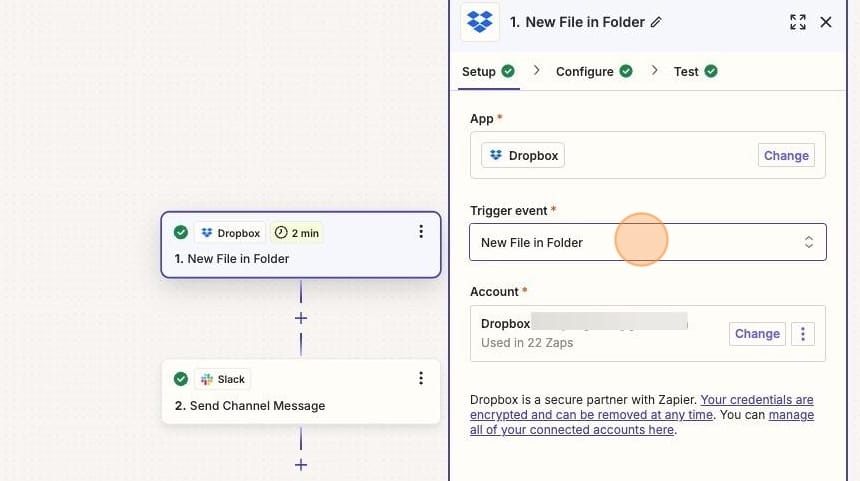 Screenshot of Zapier Trigger Step: New File in Folder