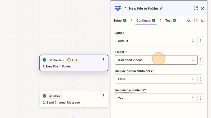 Screenshot of Zapier configuration for Dropbox