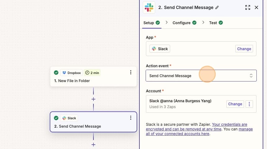 Screenshot of Slack setup: Send Channel Message