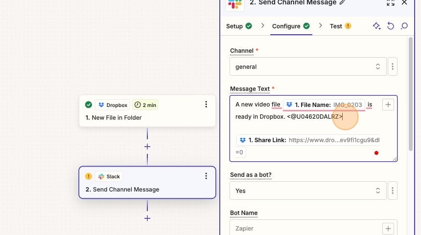 Screenshot of Slack Send Message configuration