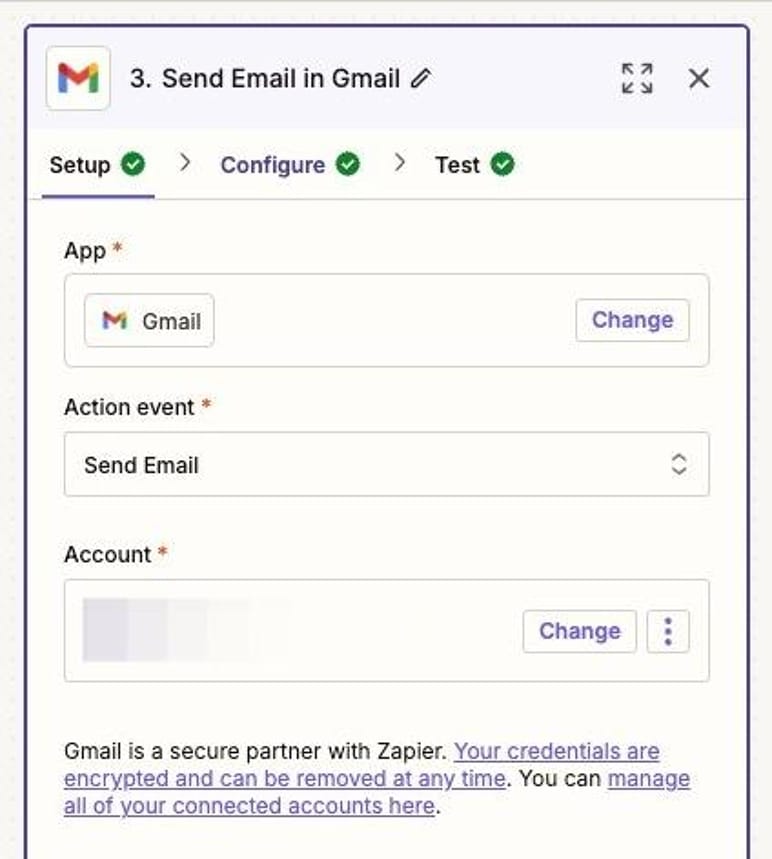 Screenshot of Send Email in Gmail in Zapier