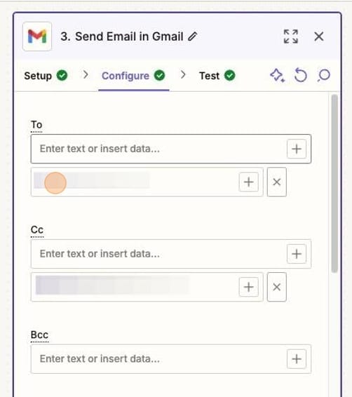 Screenshot of To and CC fields in Send Email in Gmail in Zapier