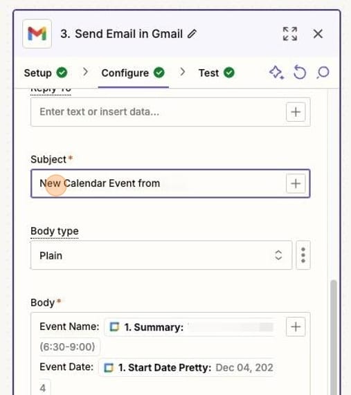 Screenshot of Zapier Send Email in Gmail configuration