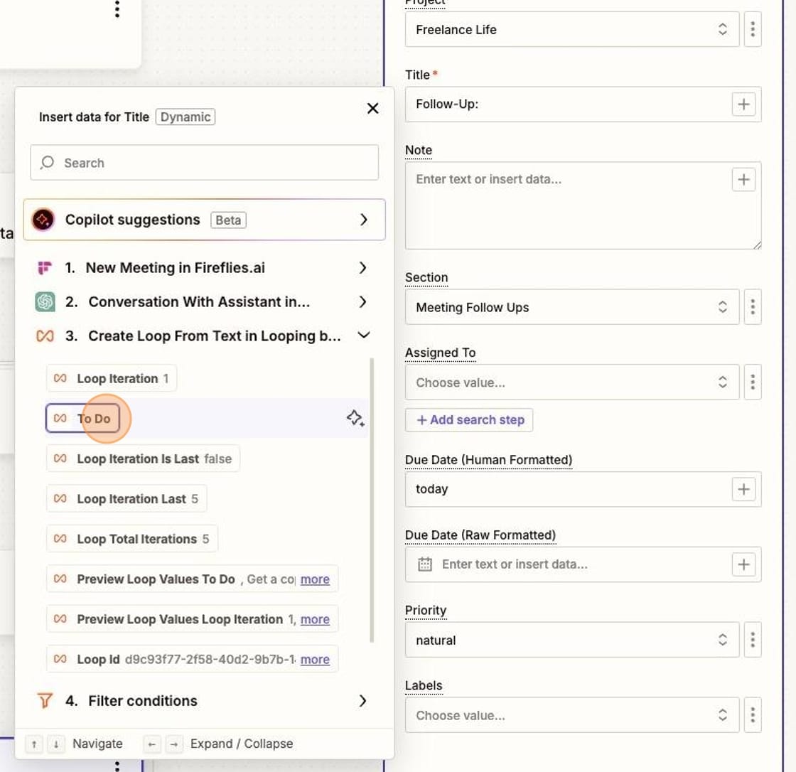 Screenshot of adding the Loop to Todoist