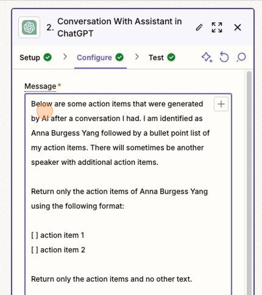 Screenshot of ChatGPT configuration in Zapier