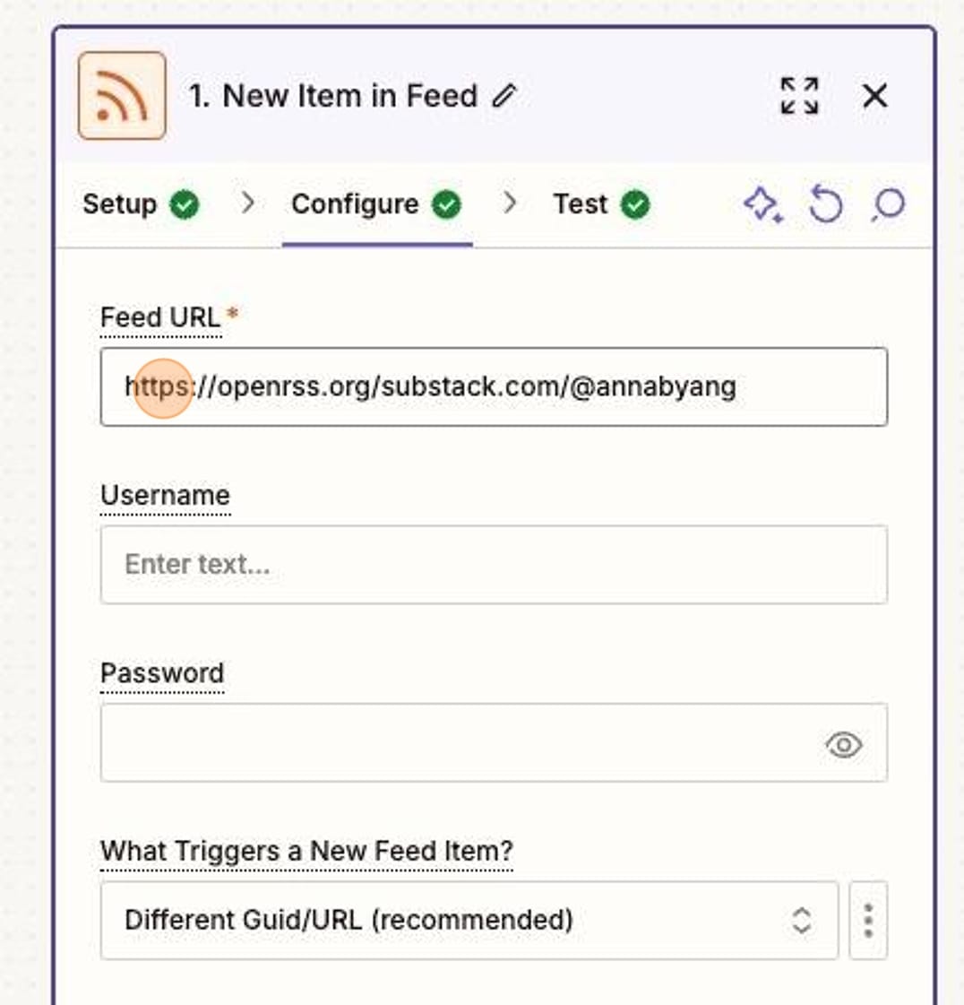 Screenshot of the RSS configuration in Zapier