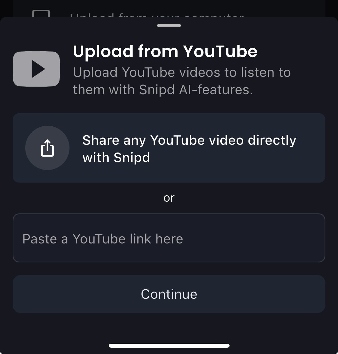 Screenshot from Snipd of pasting a YouTube URL