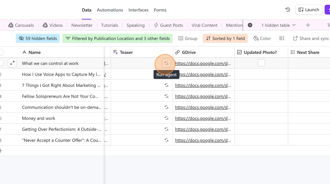 Screenshot showing "Run Agent" in Airtable.