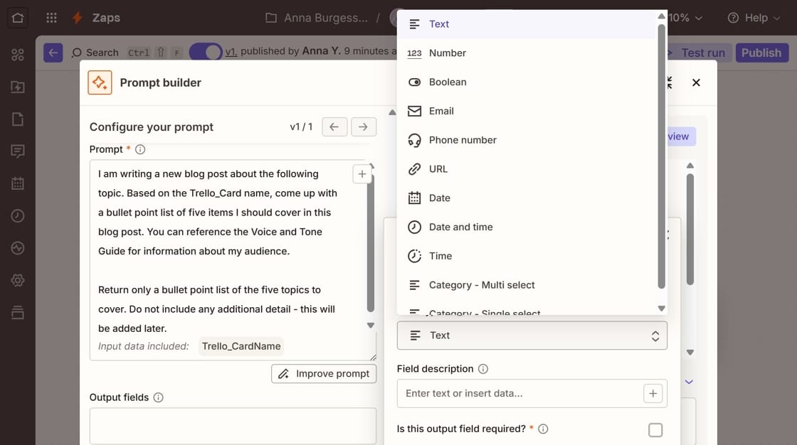 Screenshot of selecting a field type