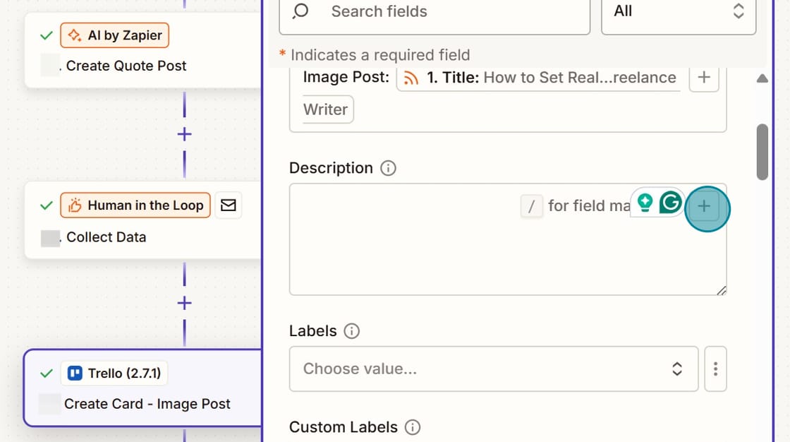 Screenshot of sending the Human in the Loop output to Trello