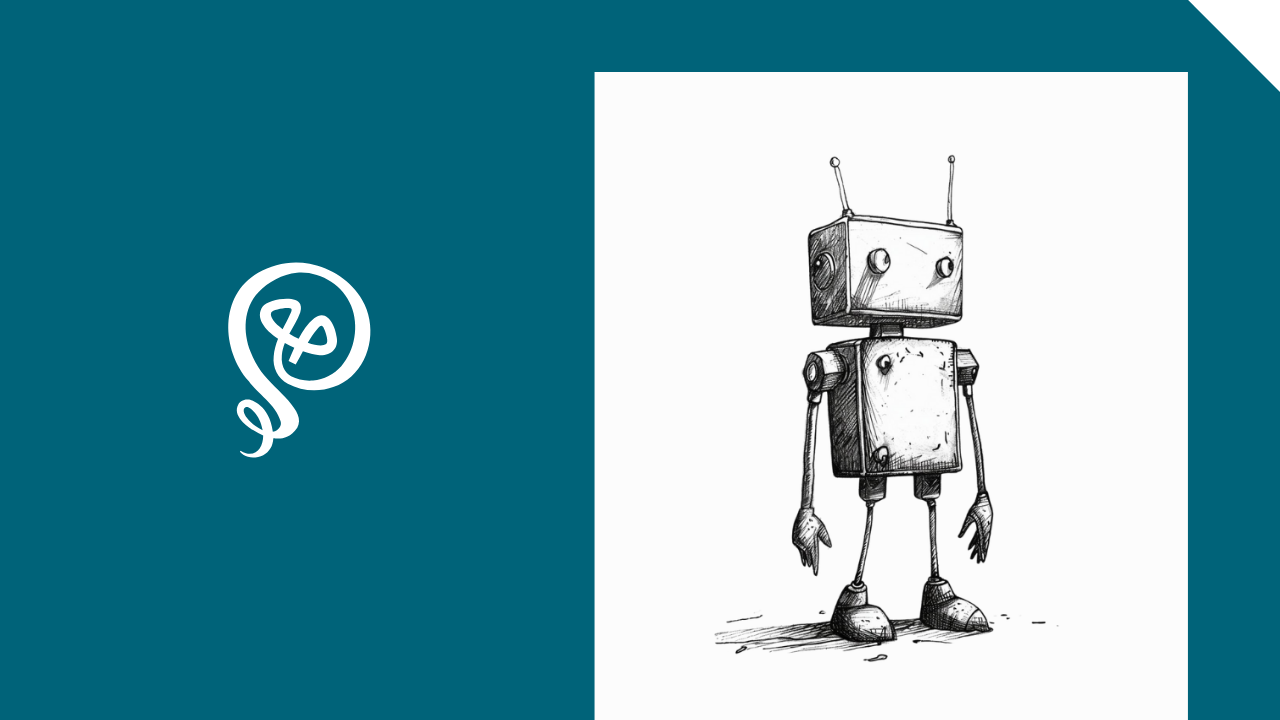Line drawing of a cute robot with the Tinkering With Ideas logo