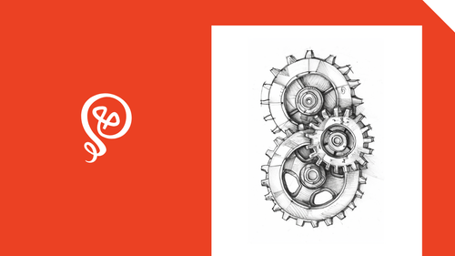 Line drawing of gears with the Tinkering With Ideas logo