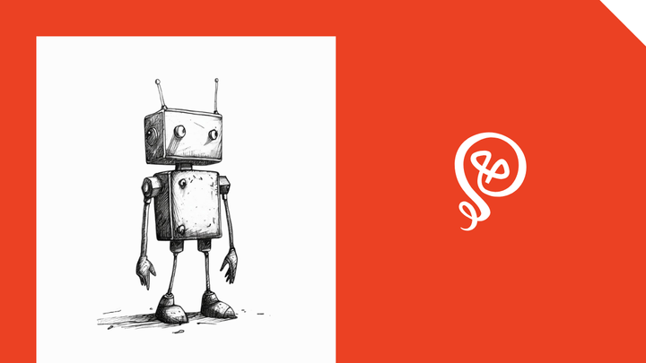 A black and white doodle of a robot with the Tinkering With Ideas logo